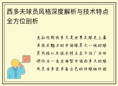 西多夫球员风格深度解析与技术特点全方位剖析 西多夫球员风格深度解析与技术特点全方位剖析